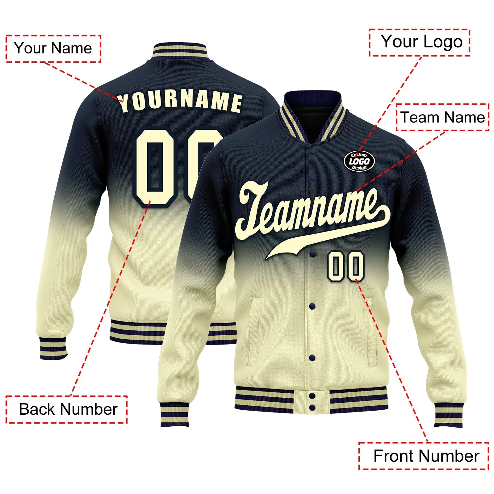 Custom Blue Yellow Fade Fashion Jacket Bomber Full-Snap Varsity Letterman Personalized Jacket FZ005-D020229-25