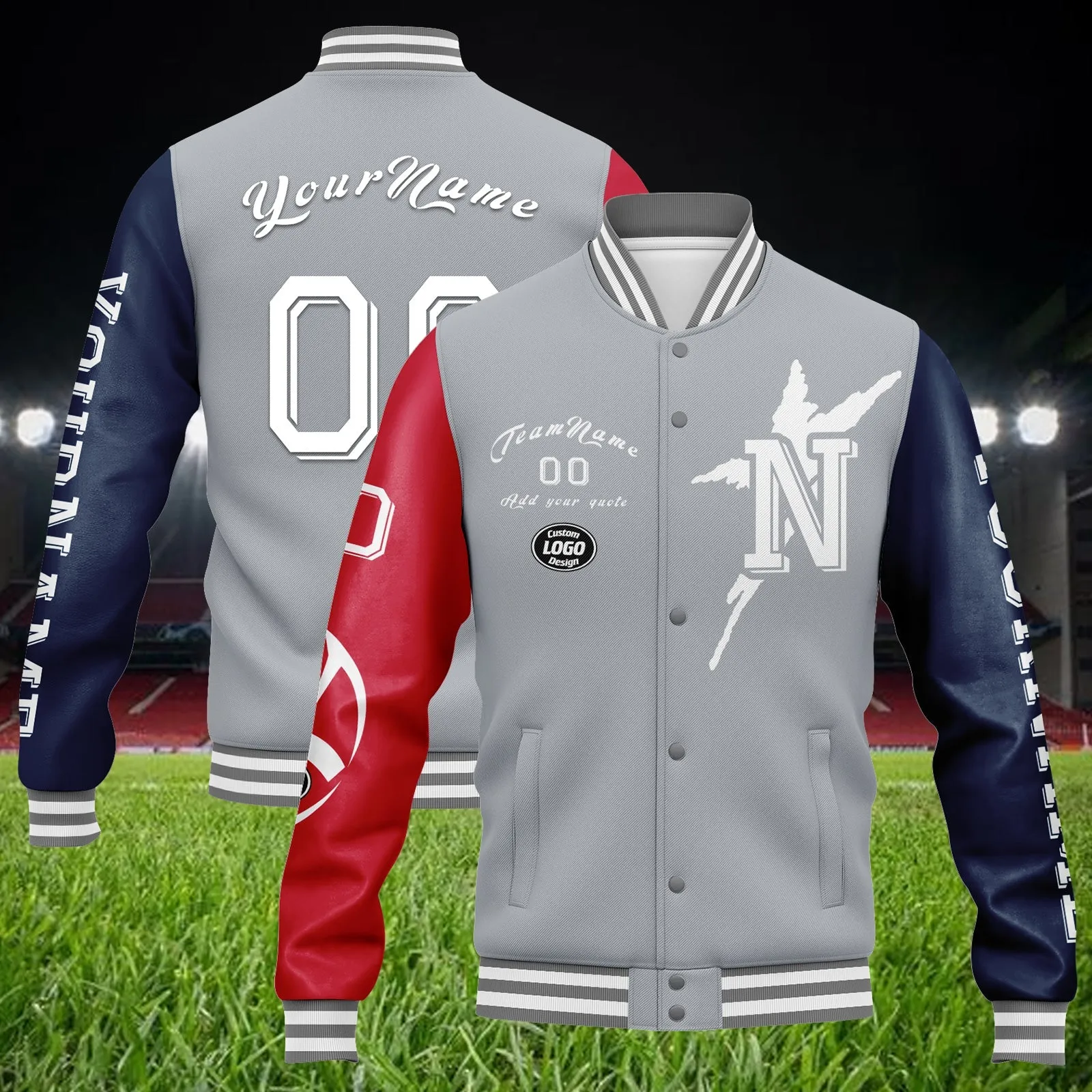 Custom Gray Red Blue New England Jacket Bomber Full-Snap Varsity Letterman Personalized Jacket FZ005SX-D020290-26