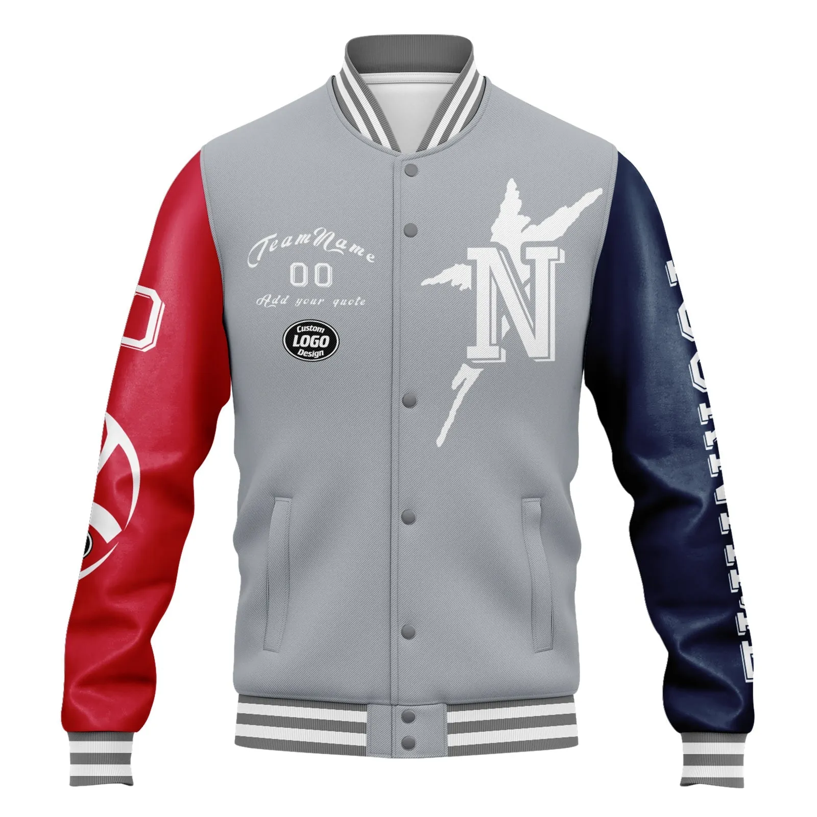 Custom Gray Red Blue New England Jacket Bomber Full-Snap Varsity Letterman Personalized Jacket FZ005SX-D020290-26