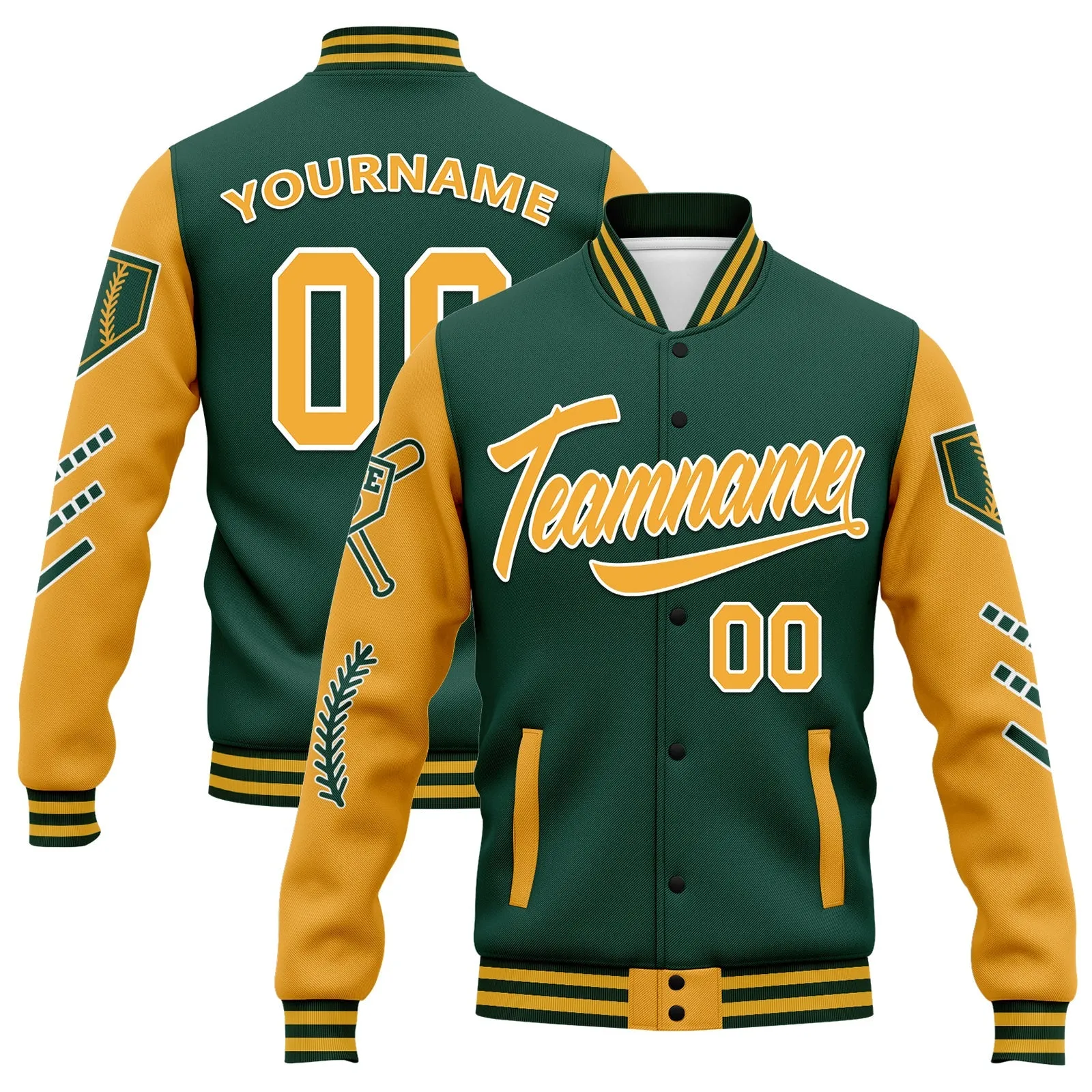 Custom Green Yellow Raglan Sleeves Jacket Bomber Full-Snap Varsity Letterman Personalized Jacket FZ005-D023002-9