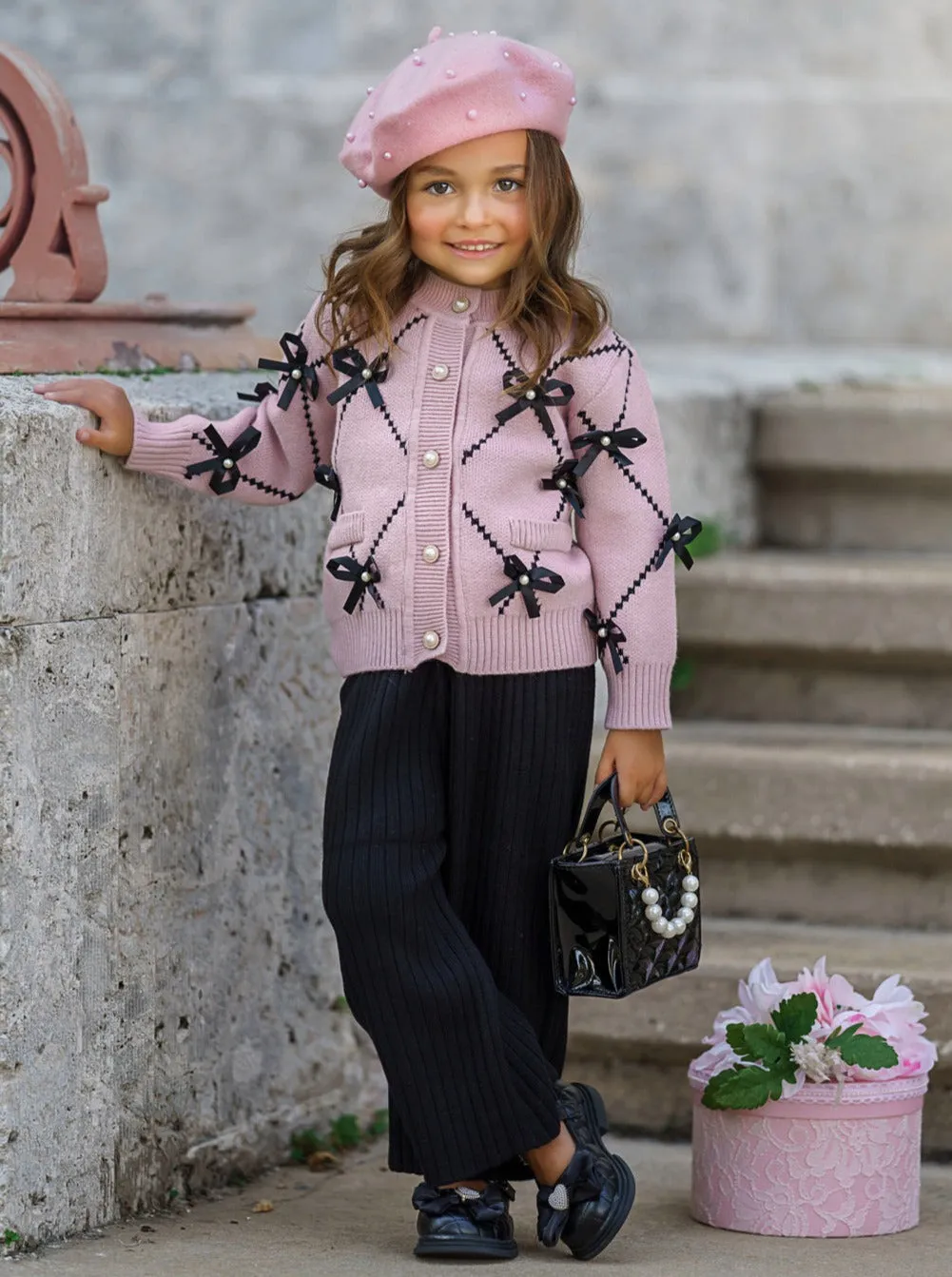 Darling Fashionista Bow-Embellished Pink Sweater and Pants Set