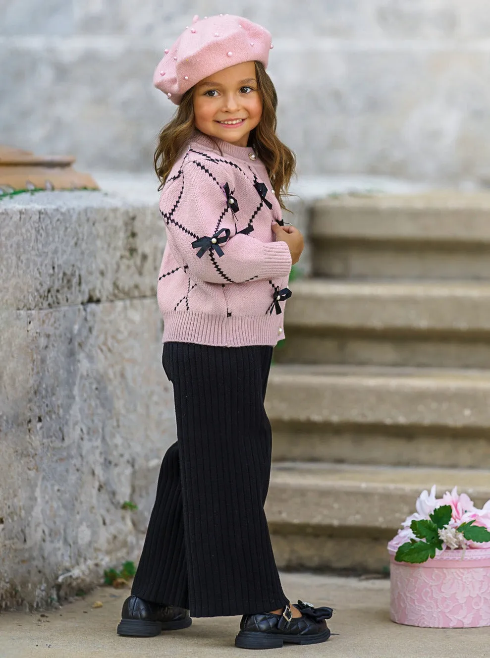 Darling Fashionista Bow-Embellished Pink Sweater and Pants Set