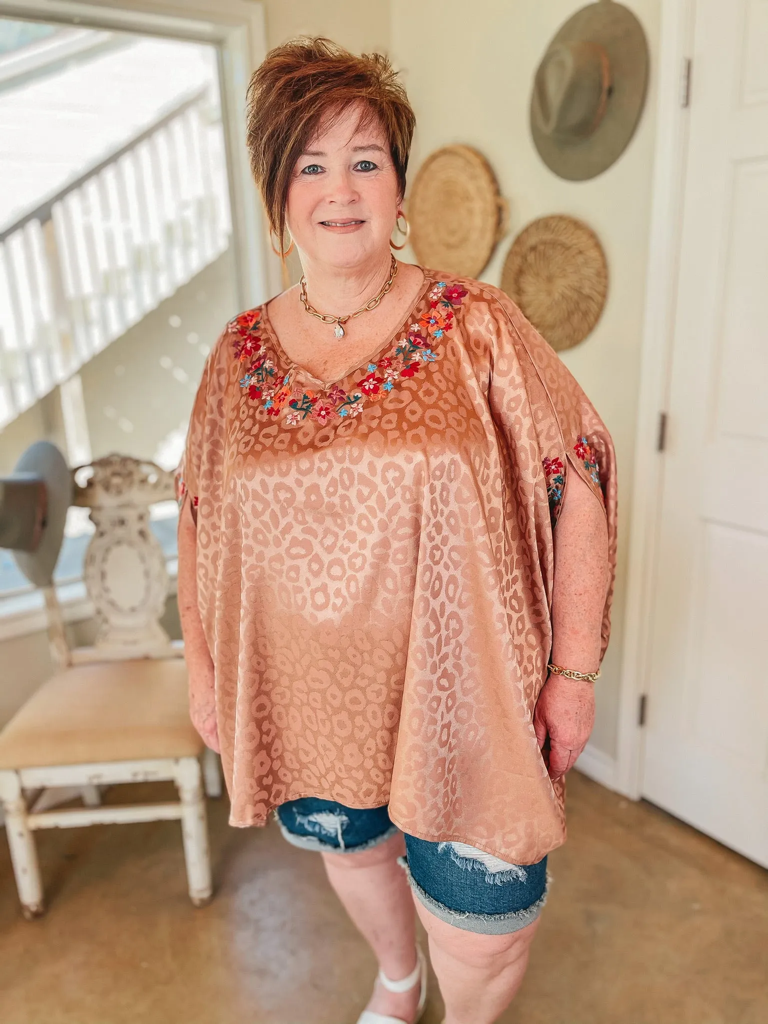 Destination Dreaming Metallic Leopard Poncho Top with Multicolor Embroidered Trim in Copper