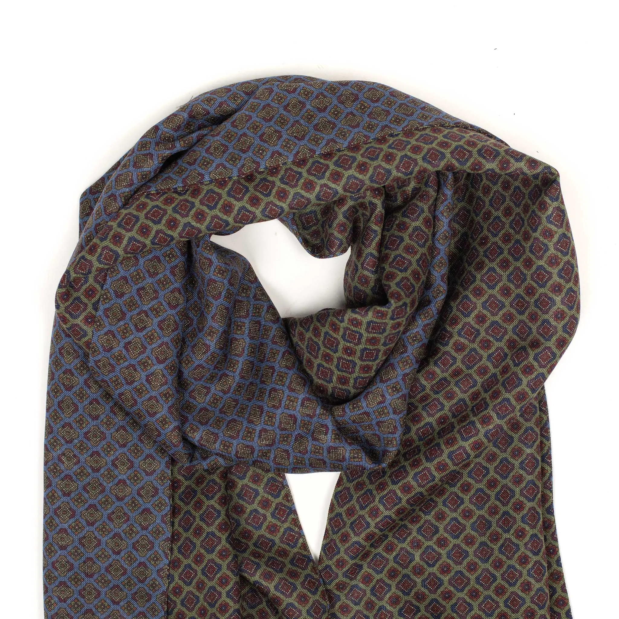 Double-sided lightweight wool neat print scarf, blue and green sides