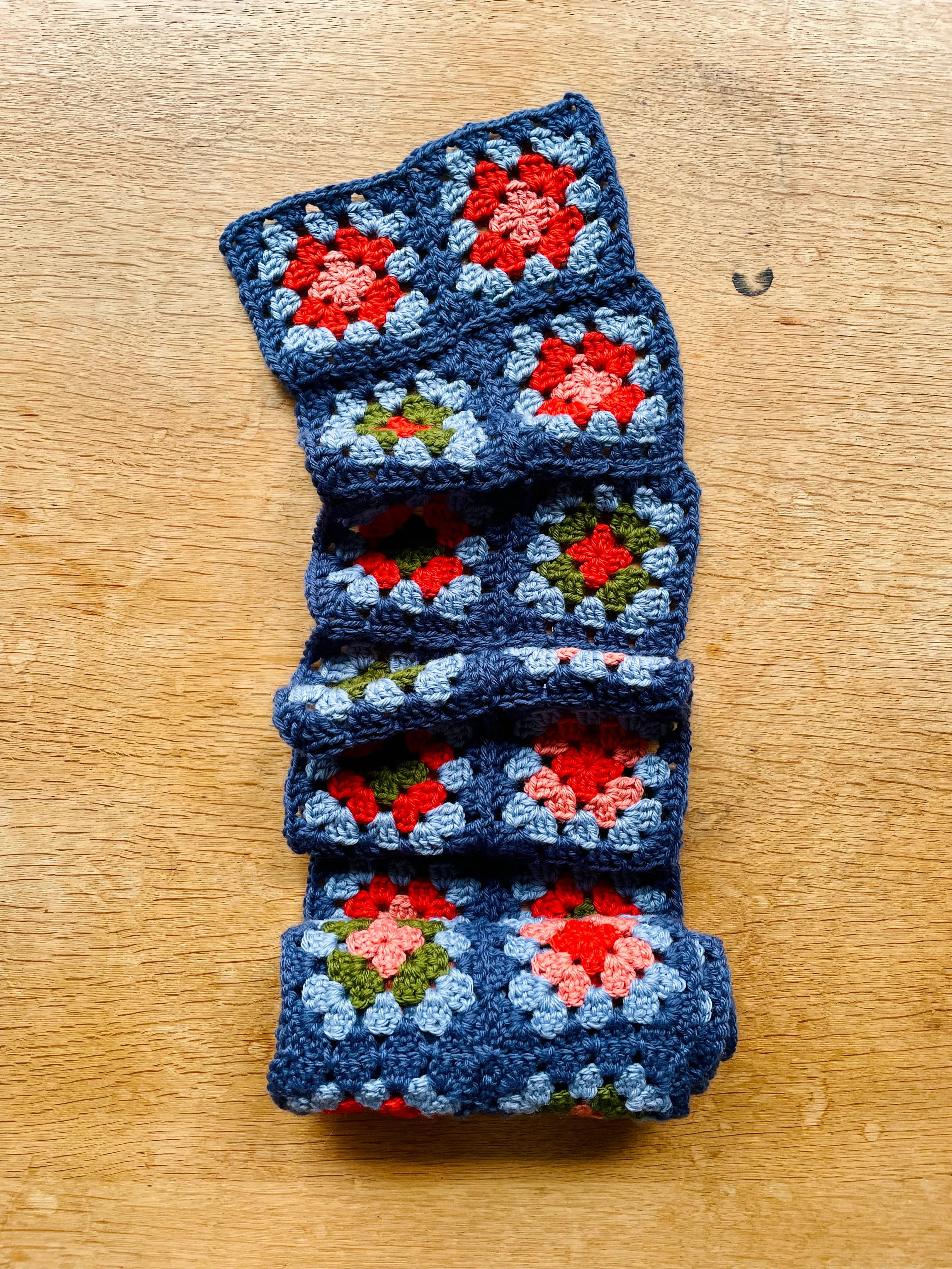 EARLYMADE Hand-knitted Granny Squares Scarf — MULTI / BLUE — UNIQUE — LAST PIECE