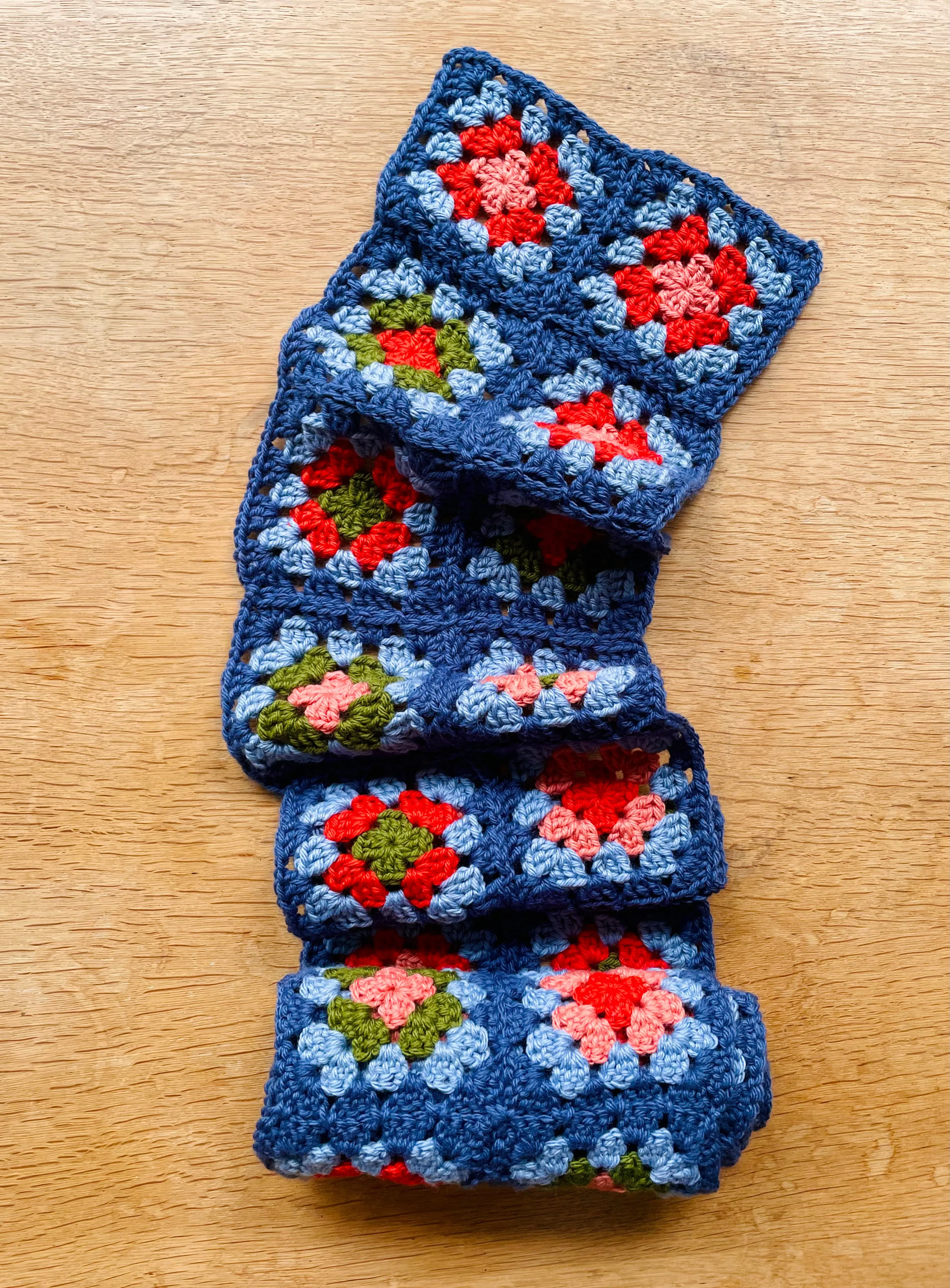 EARLYMADE Hand-knitted Granny Squares Scarf — MULTI / BLUE — UNIQUE — LAST PIECE