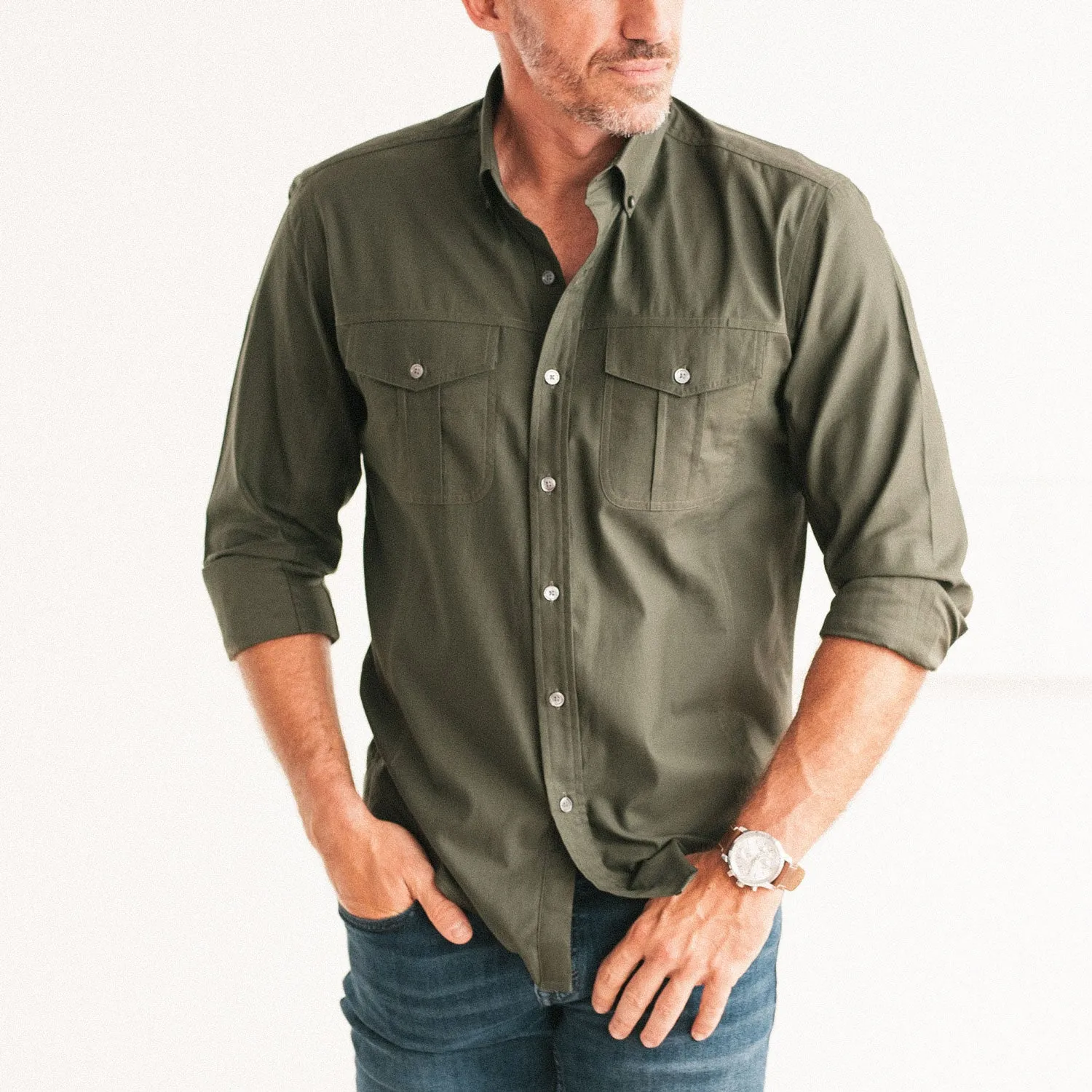 Editor Shirt – Olive Green Mercerized Cotton