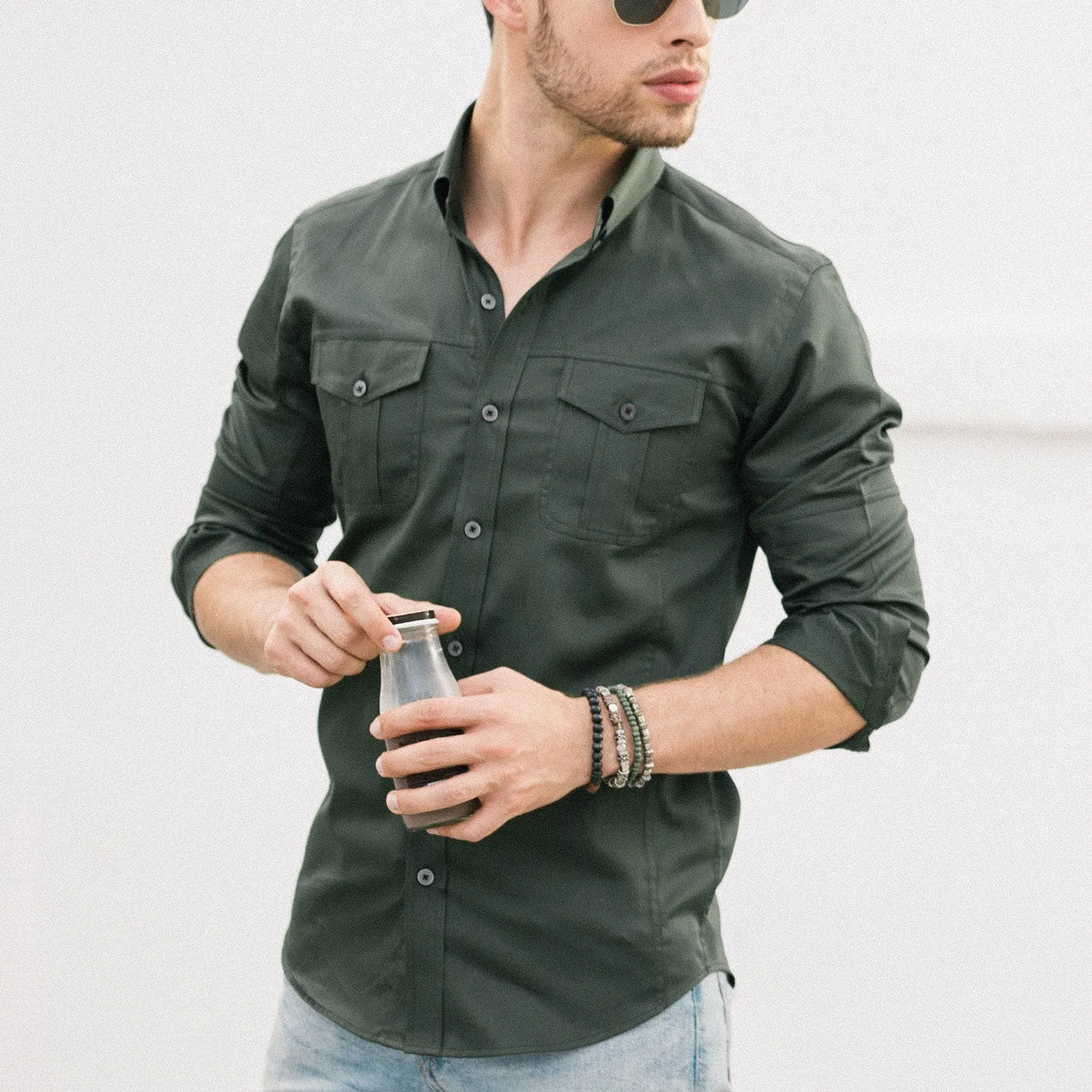 Editor Shirt – Olive Green Stretch Cotton Poplin