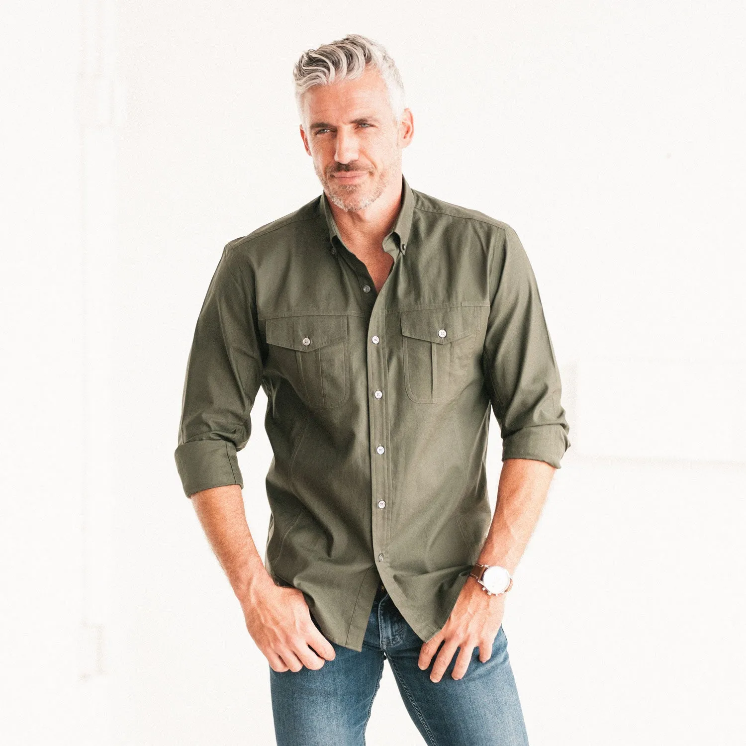 Editor Shirt – Olive Green Stretch Cotton Poplin