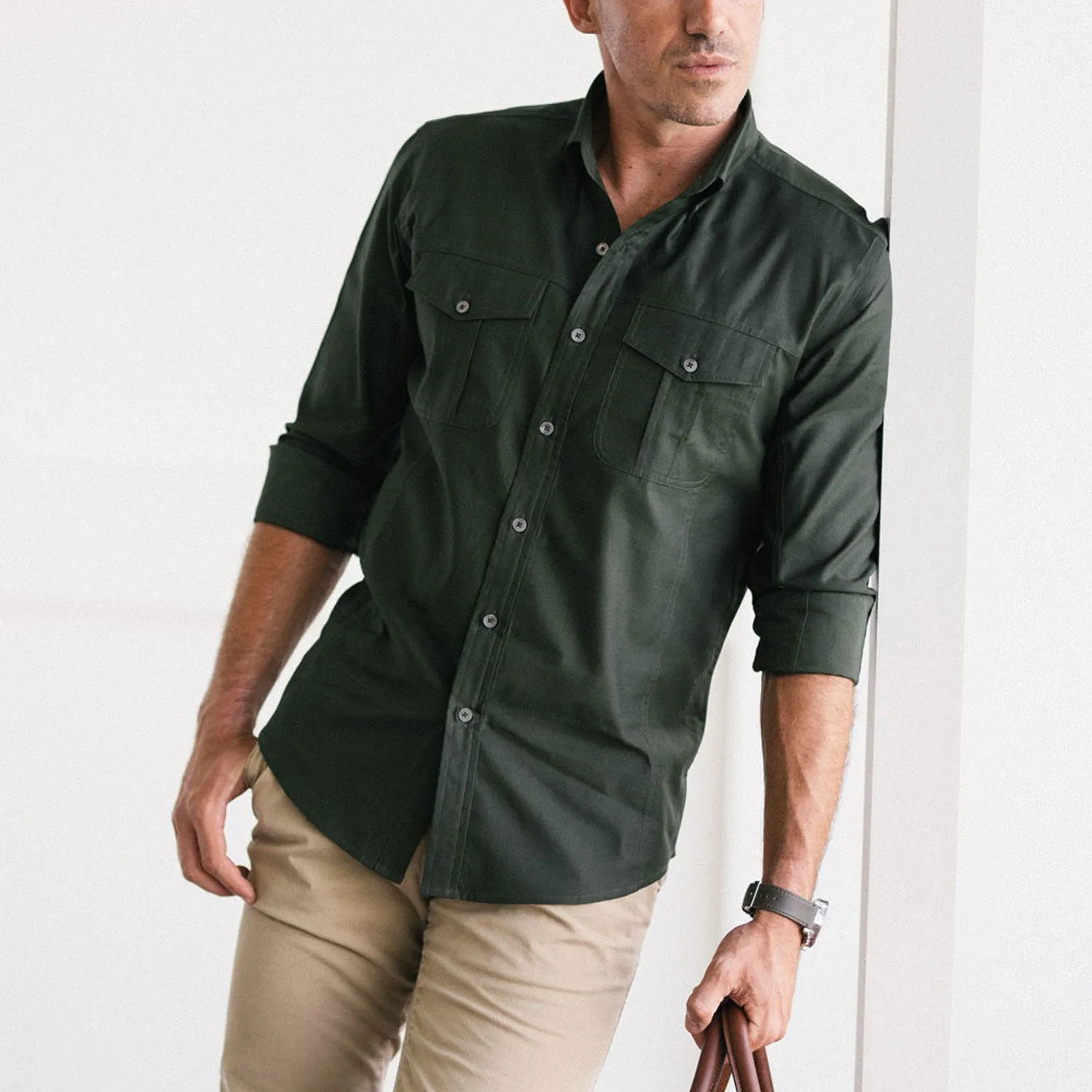 Editor Shirt – Olive Green Stretch Cotton Poplin