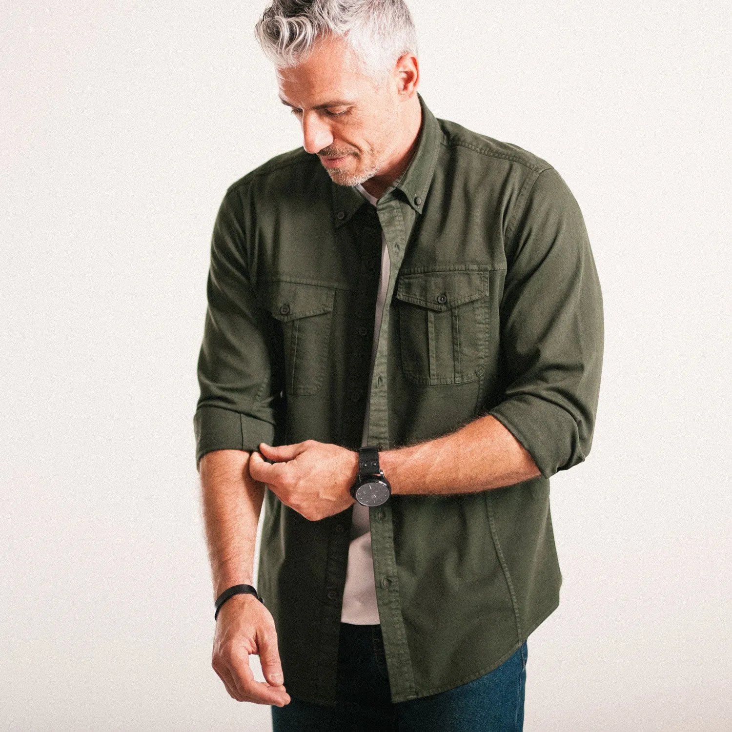 Editor Shirt – Olive Green Stretch Cotton Twill