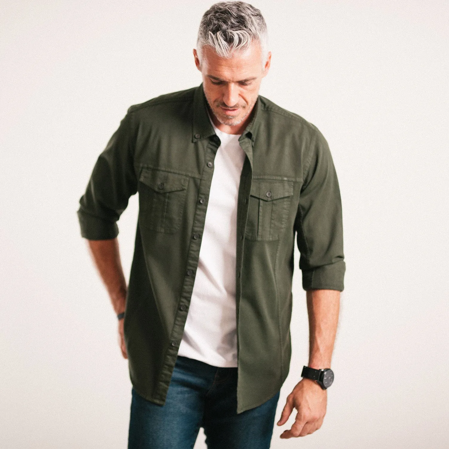 Editor Shirt – Olive Green Stretch Cotton Twill