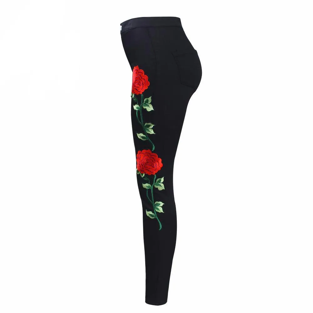 Embroidered Floral High Waist Slim Fit Jeans