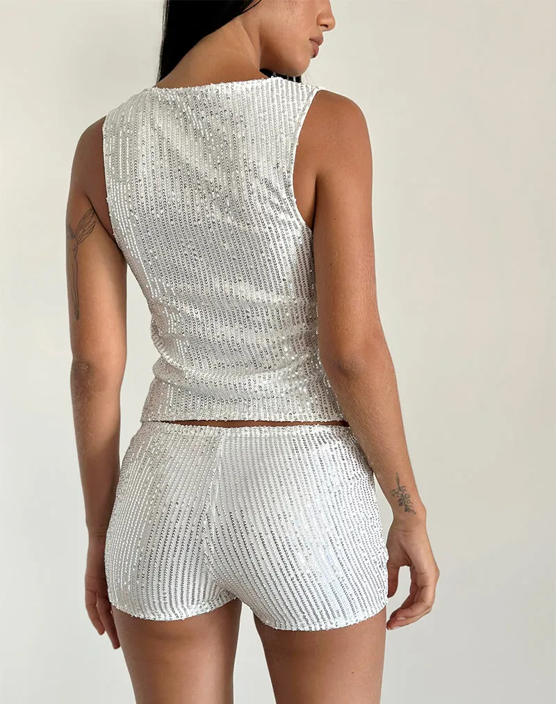 Erna Micro Shorts in Silver Chrome Sequin