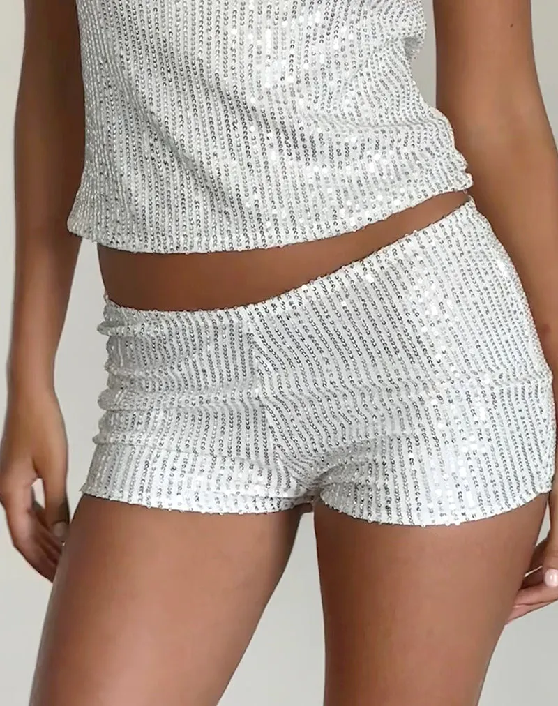 Erna Micro Shorts in Silver Chrome Sequin