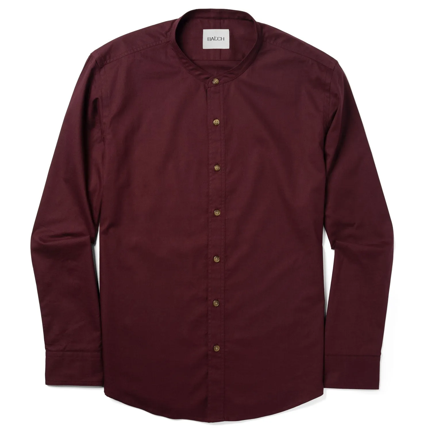 Essential Band Collar Button Down Shirt - Dark Burgundy Cotton Twill