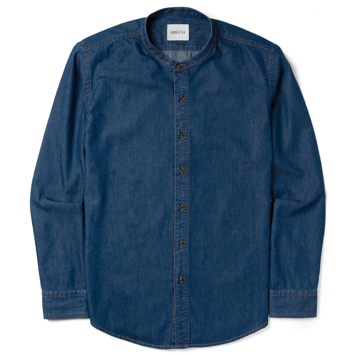 Essential Band Collar Button Down Shirt - Medium Blue Cotton Denim