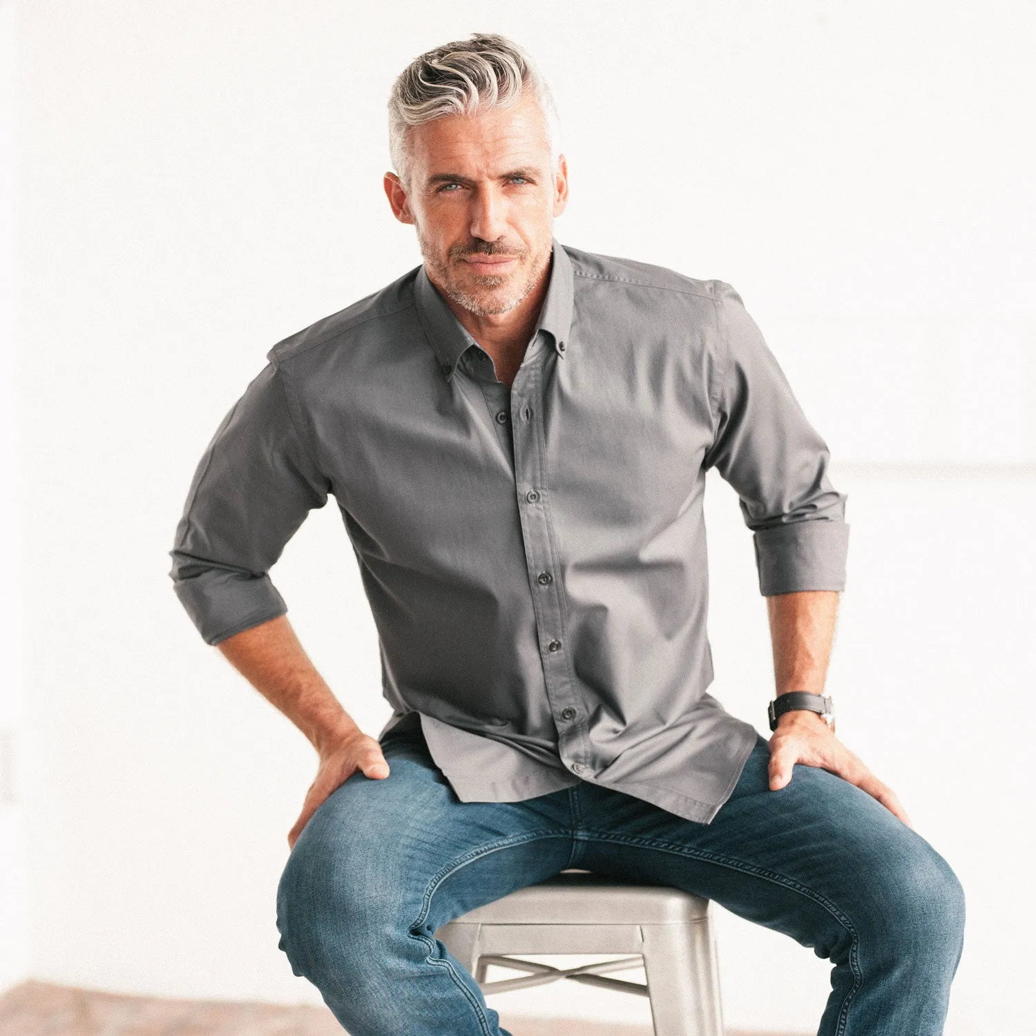 Essential Button Down Collar Casual Shirt - Slate Gray Cotton Twill