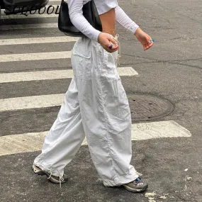 Fashionkova  Hippie Y2K Cargo Pants Women Low Waist Sweatpant Drawstring Pockets Baggy Wide Leg Trousers Korean Vintage White Parachute Pants