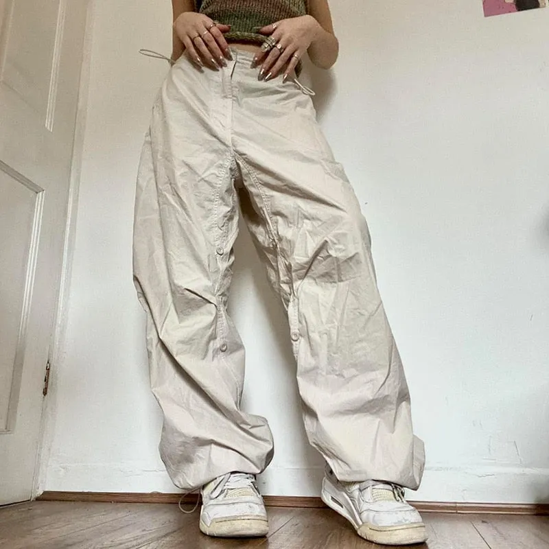 Fashionkova  Hippie Y2K Cargo Pants Women Low Waist Sweatpant Drawstring Pockets Baggy Wide Leg Trousers Korean Vintage White Parachute Pants