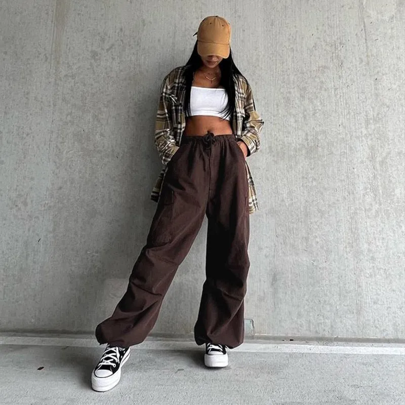 Fashionkova  Hippie Y2K Cargo Pants Women Low Waist Sweatpant Drawstring Pockets Baggy Wide Leg Trousers Korean Vintage White Parachute Pants