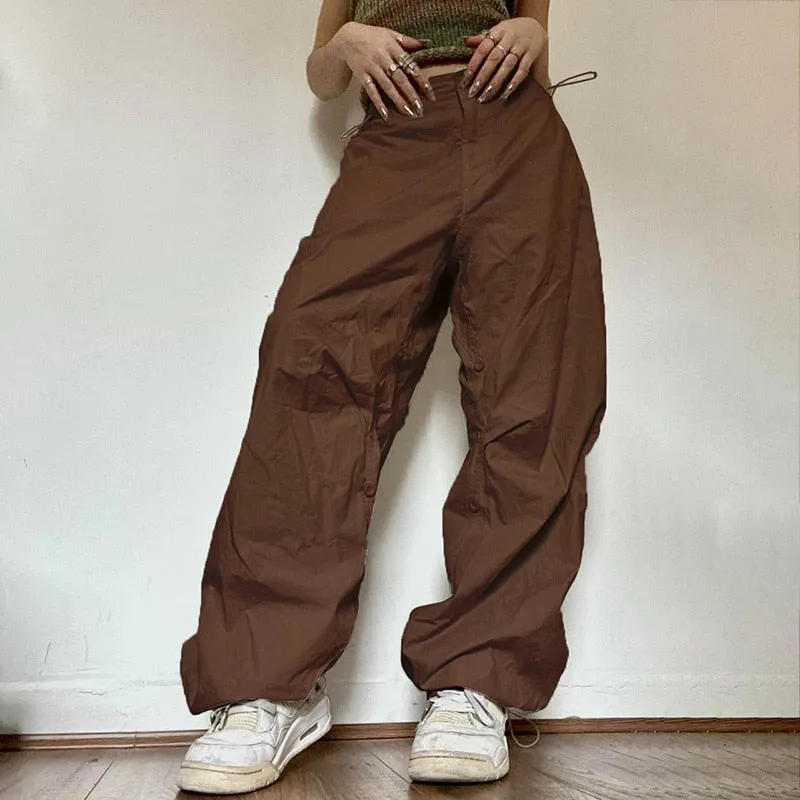 Fashionkova  Hippie Y2K Cargo Pants Women Low Waist Sweatpant Drawstring Pockets Baggy Wide Leg Trousers Korean Vintage White Parachute Pants