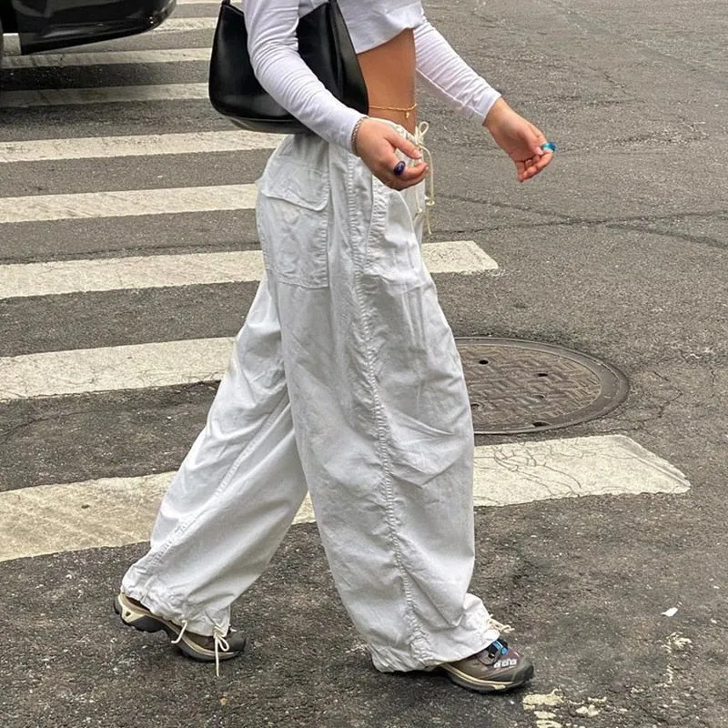 Fashionkova  Hippie Y2K Cargo Pants Women Low Waist Sweatpant Drawstring Pockets Baggy Wide Leg Trousers Korean Vintage White Parachute Pants