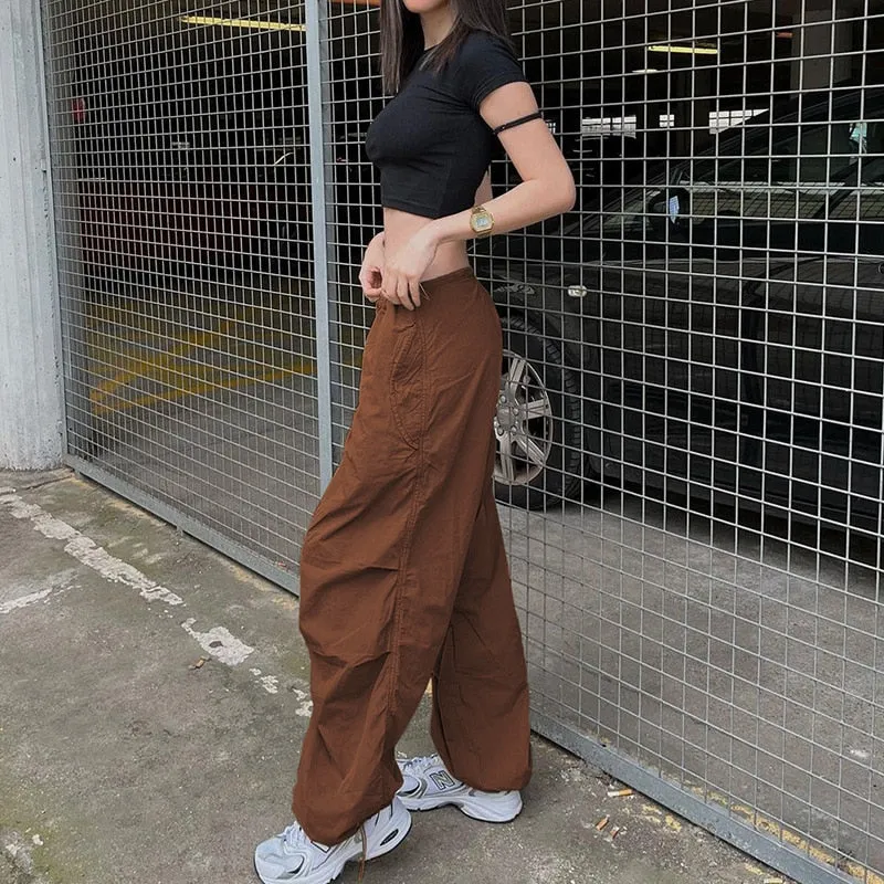 Fashionkova  Hippie Y2K Cargo Pants Women Low Waist Sweatpant Drawstring Pockets Baggy Wide Leg Trousers Korean Vintage White Parachute Pants