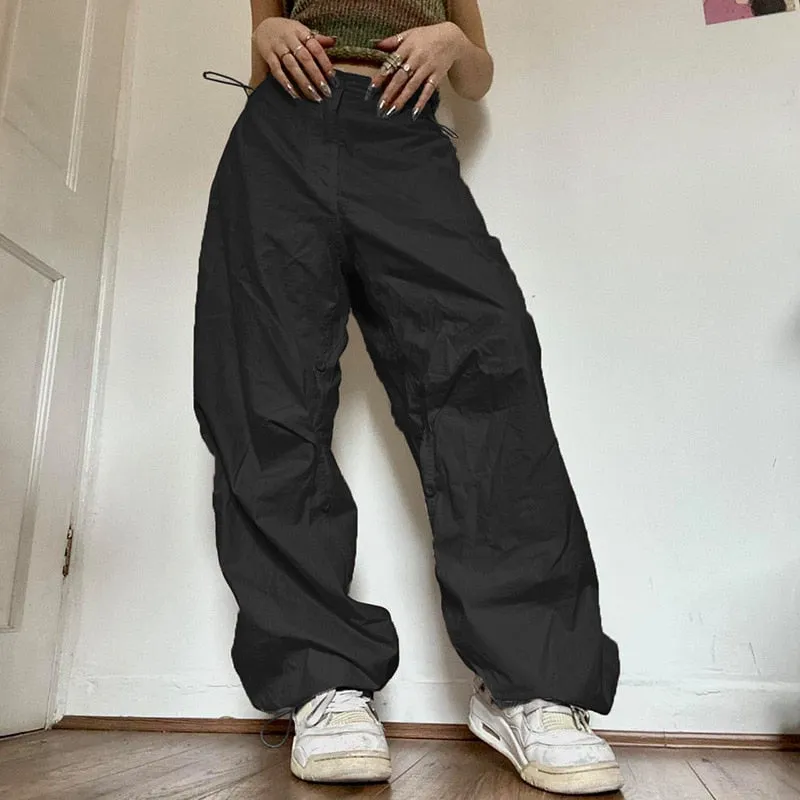 Fashionkova  Hippie Y2K Cargo Pants Women Low Waist Sweatpant Drawstring Pockets Baggy Wide Leg Trousers Korean Vintage White Parachute Pants