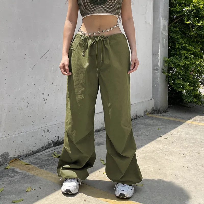 Fashionkova  Hippie Y2K Cargo Pants Women Low Waist Sweatpant Drawstring Pockets Baggy Wide Leg Trousers Korean Vintage White Parachute Pants