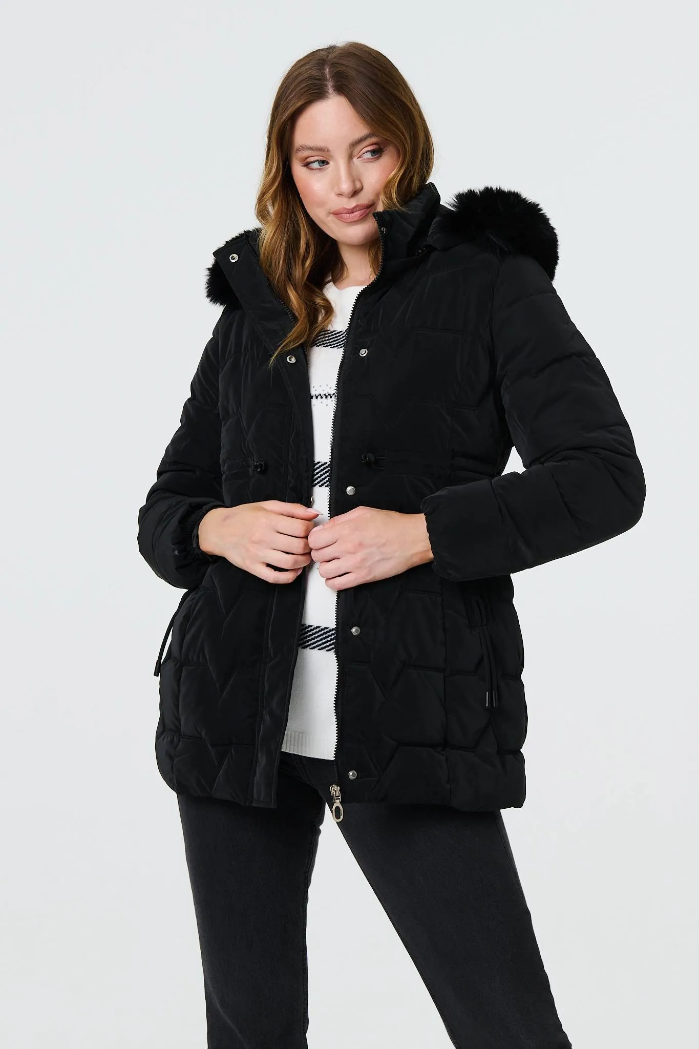 Faux Fur Padded Zip-Up Hooded Jacket