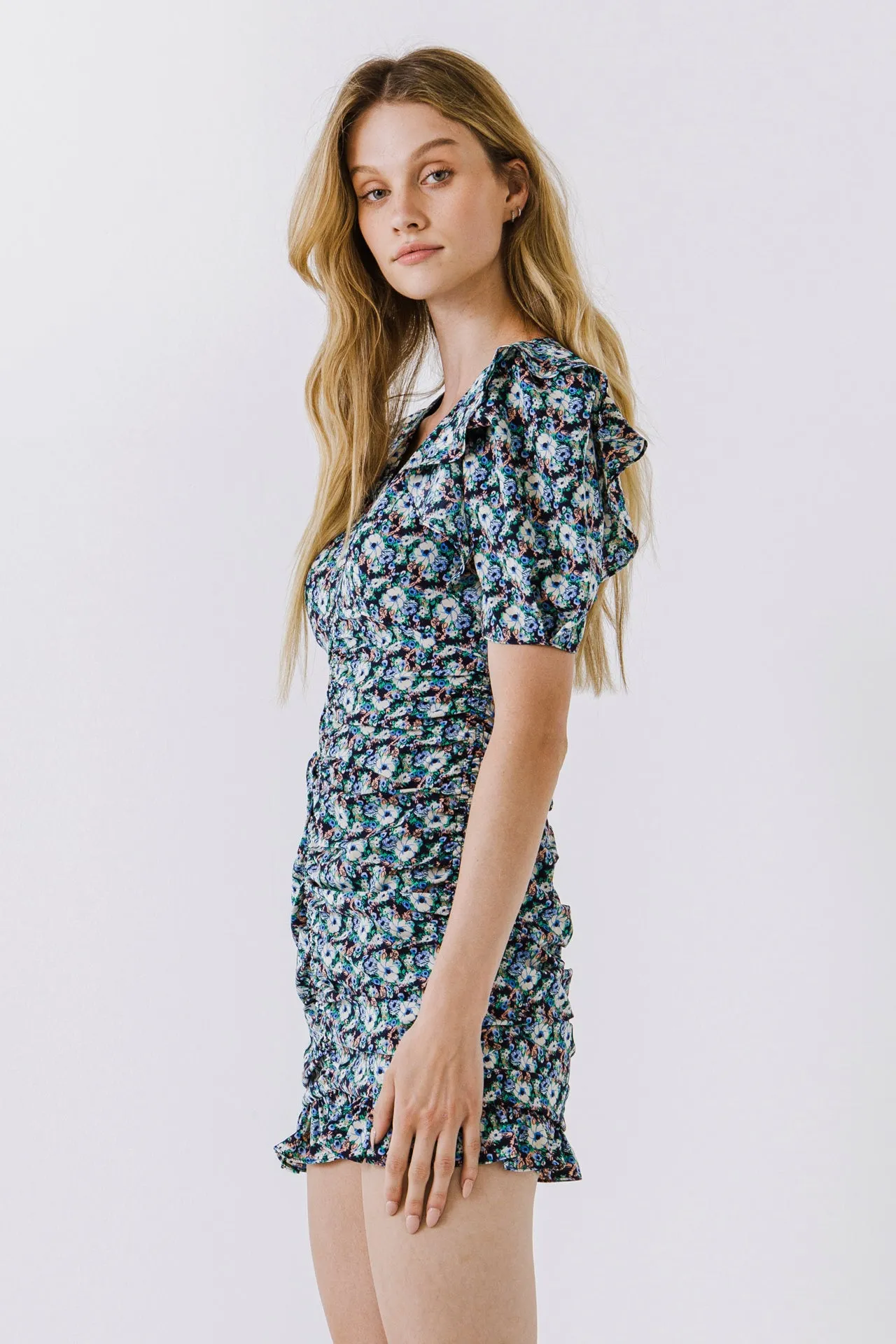 Floral V-neck Shirring Dress