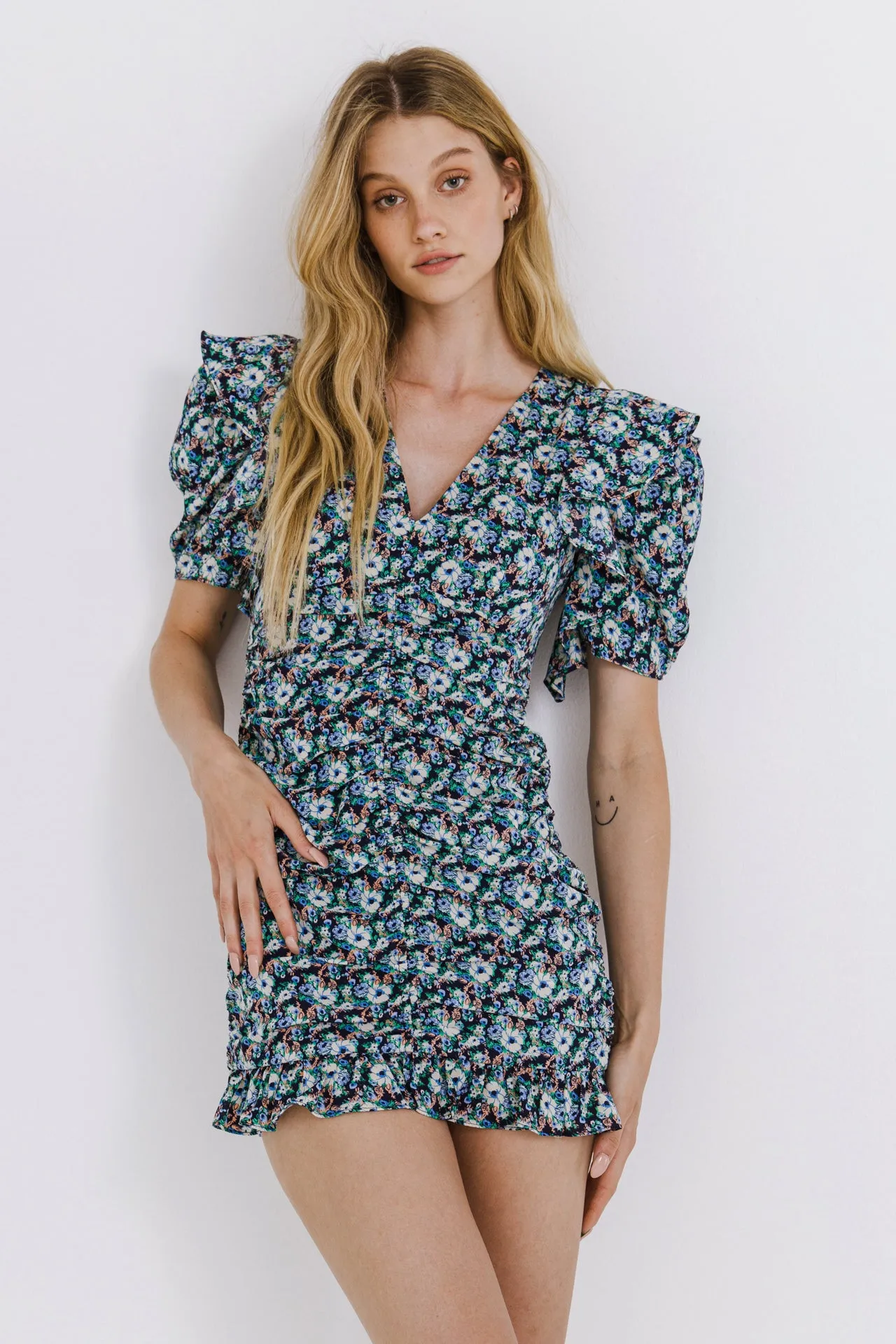 Floral V-neck Shirring Dress