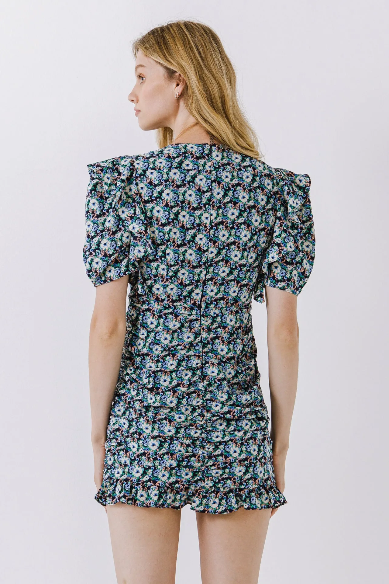 Floral V-neck Shirring Dress