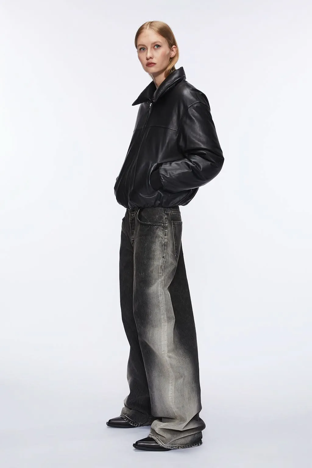 Funnel Neck Leather Bomber Jacket