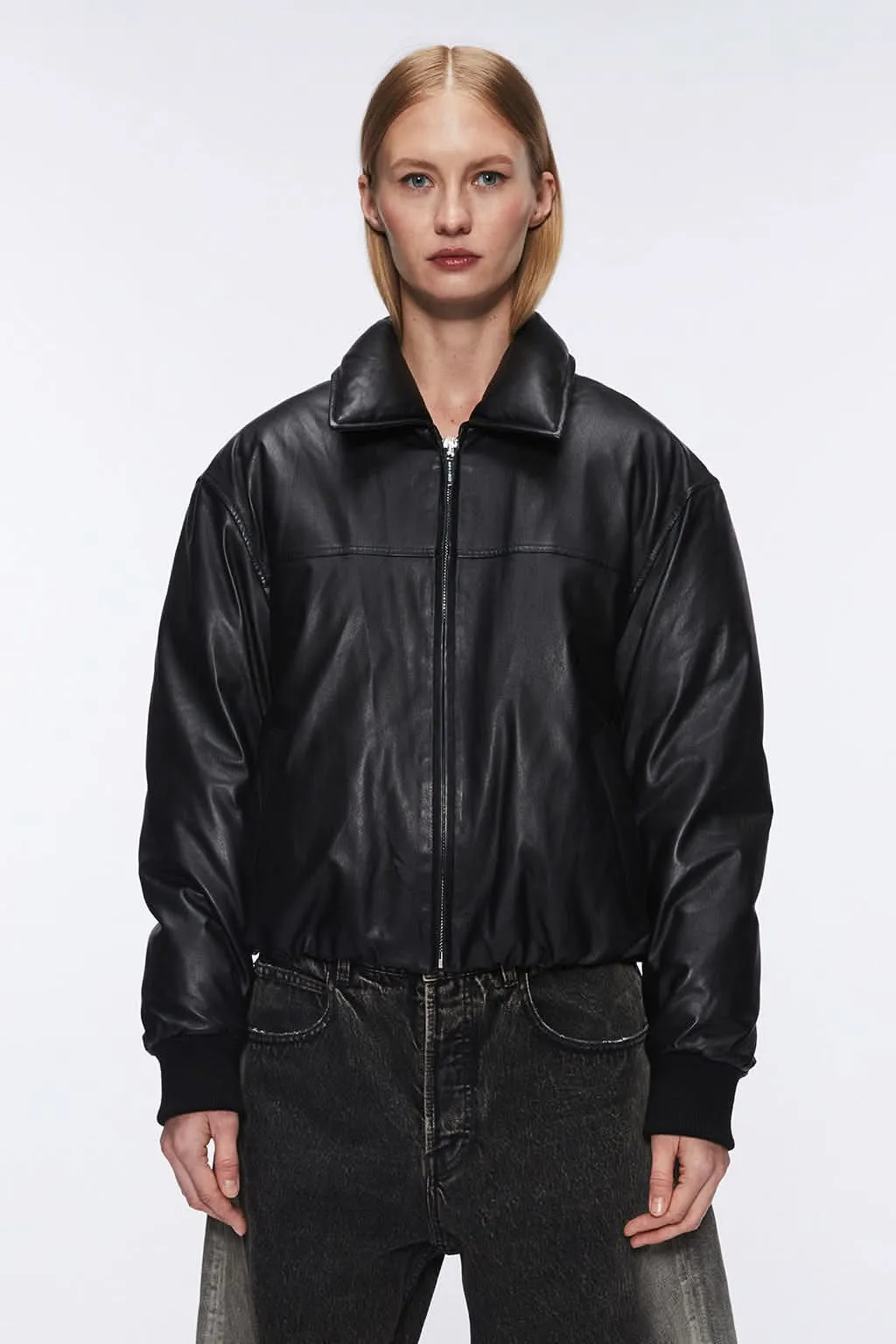 Funnel Neck Leather Bomber Jacket