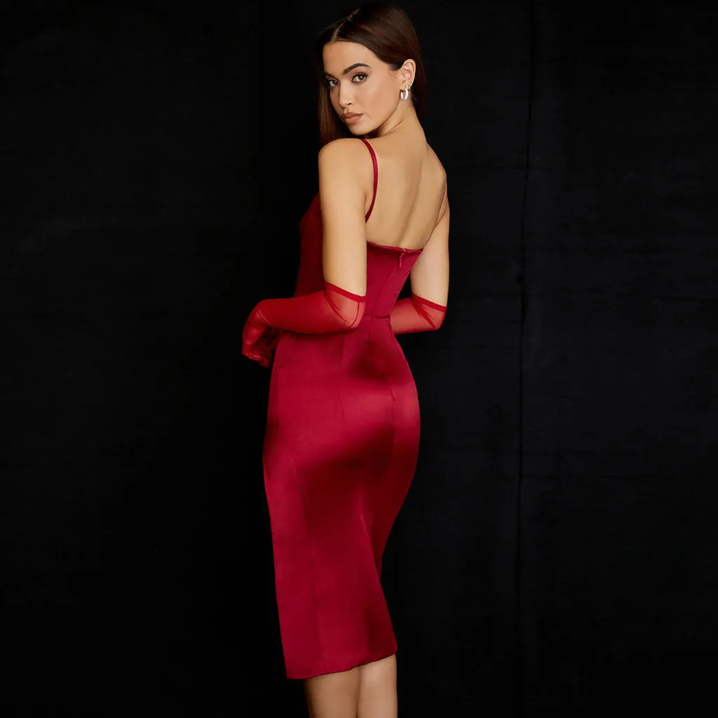 Glossy Satin Scoop Neck High Slit Slip Cocktail Midi Dress - Red