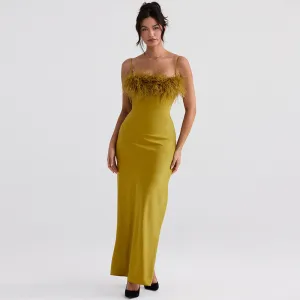 Glossy Satin Solid Color Faux Feather Slip Evening Maxi Dress - Green