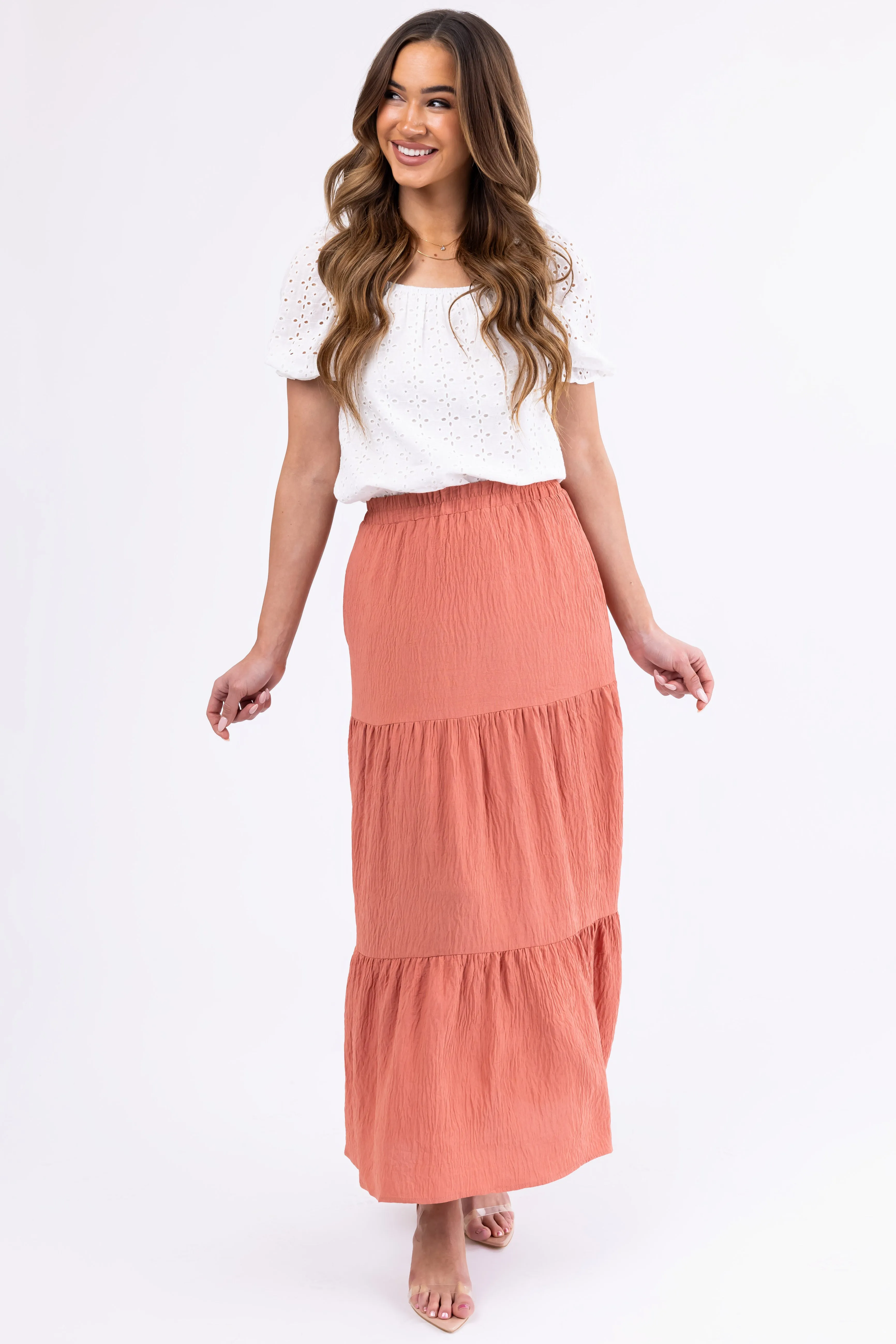 Hazy Coral Tiered Gauze Textured Maxi Skirt