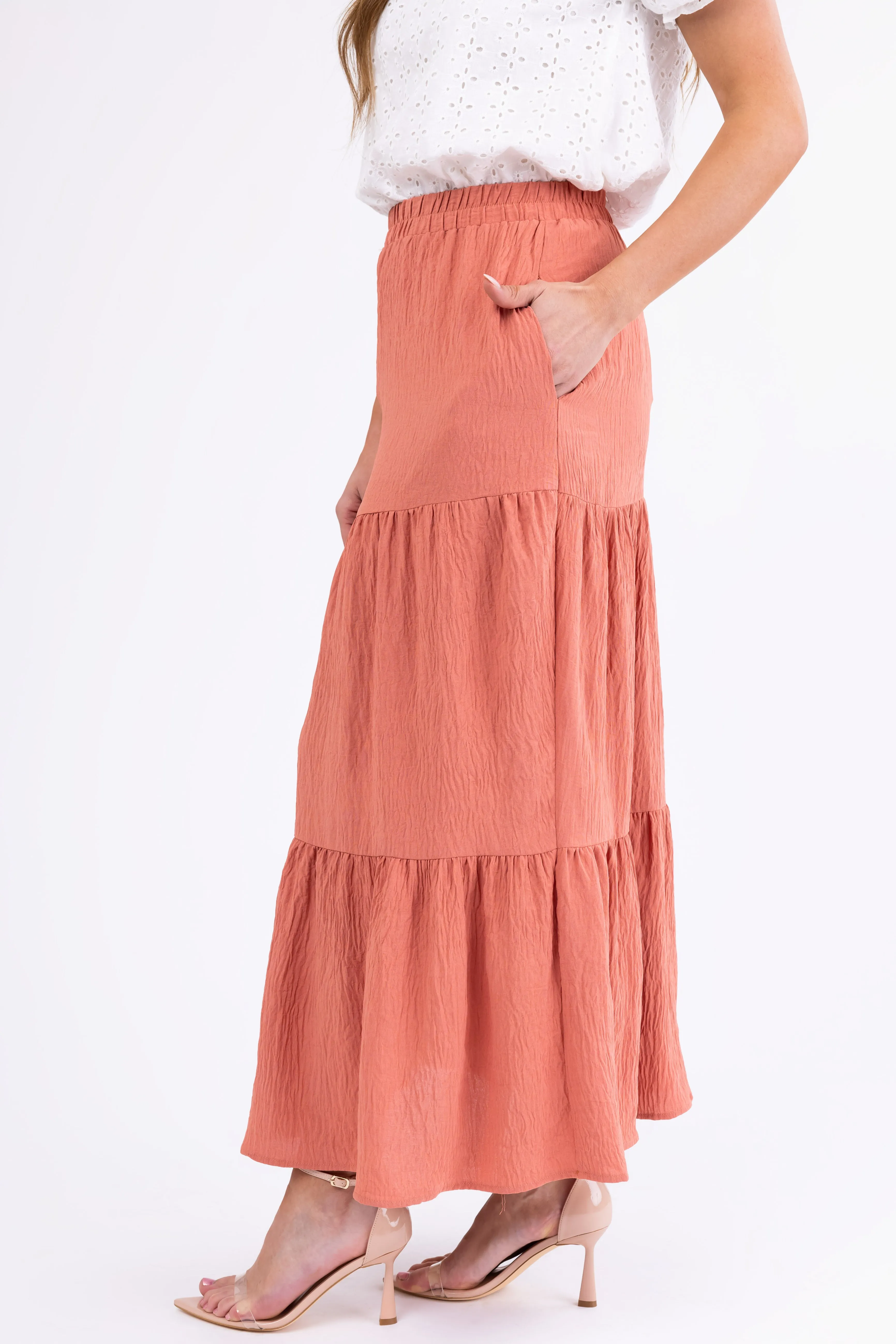 Hazy Coral Tiered Gauze Textured Maxi Skirt