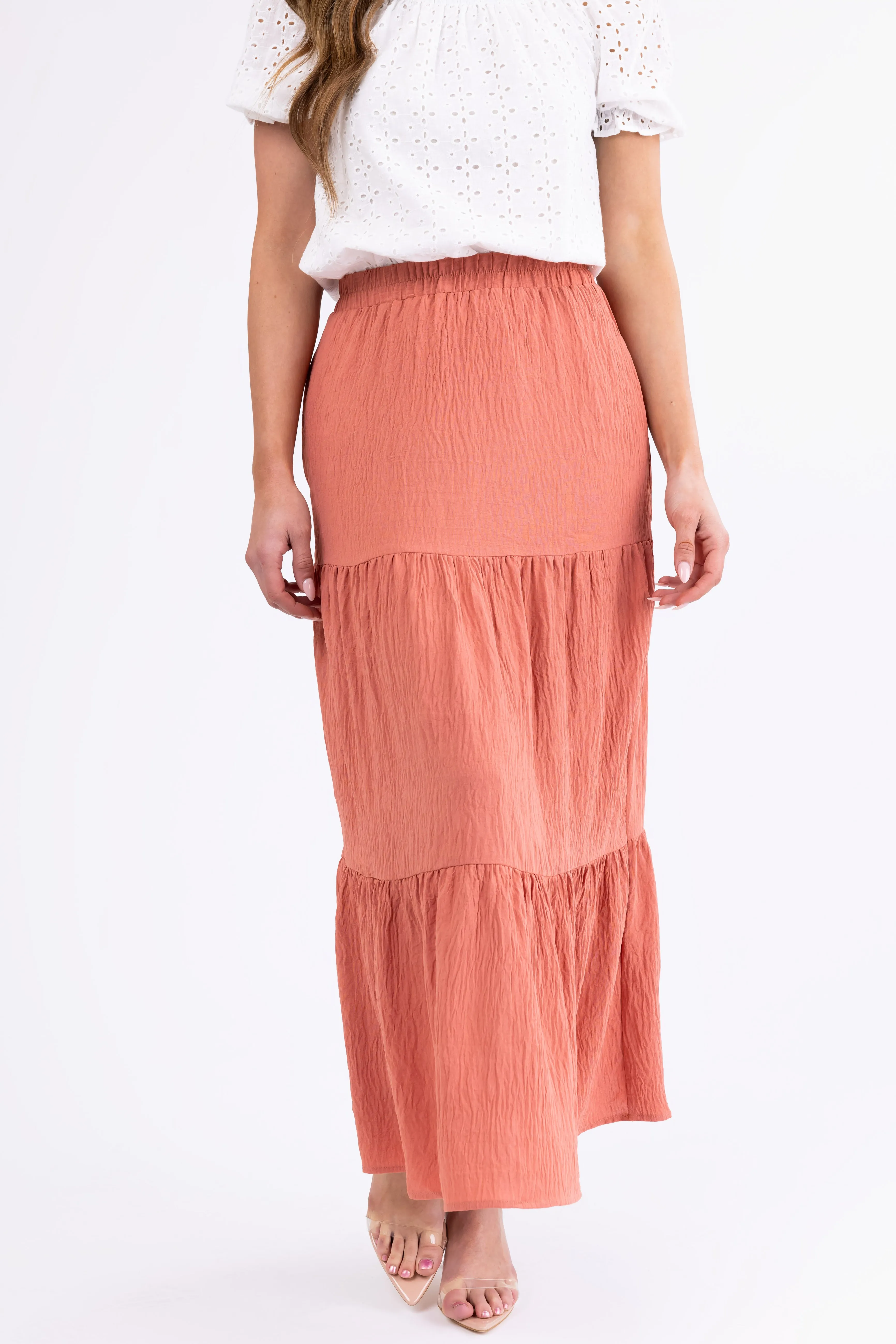 Hazy Coral Tiered Gauze Textured Maxi Skirt