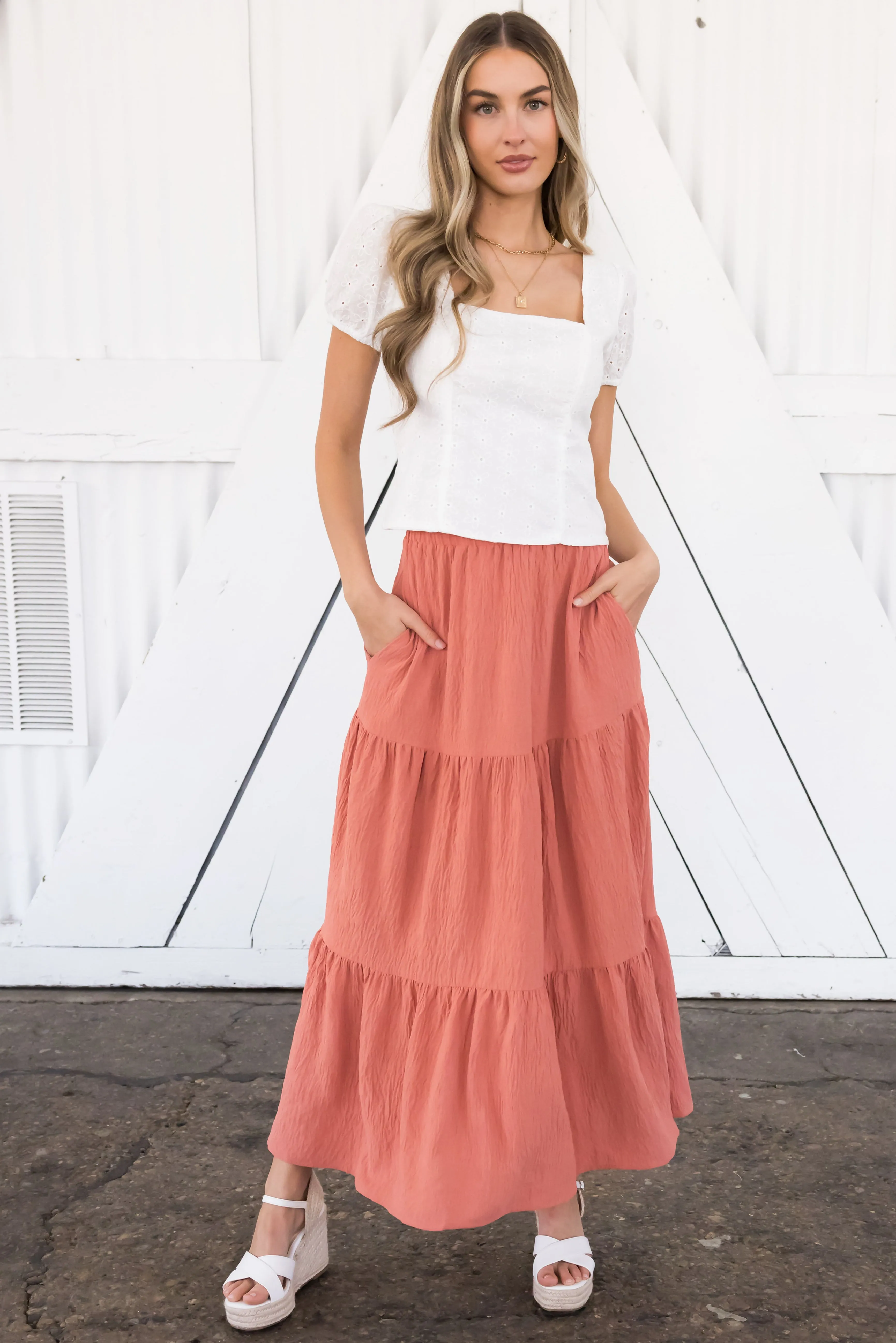 Hazy Coral Tiered Gauze Textured Maxi Skirt