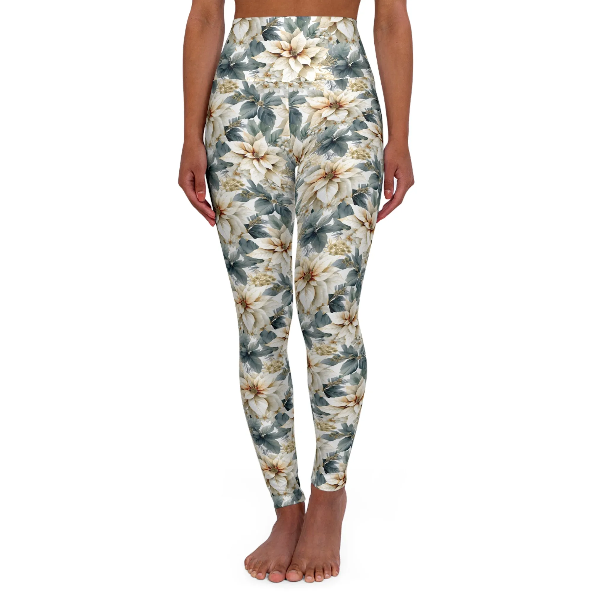 High Waisted Yoga Leggings, White Poinsettia