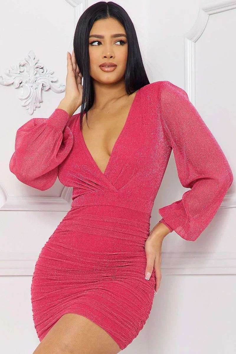 Hot Pink Long Sleeve Shimmer Mini Dress