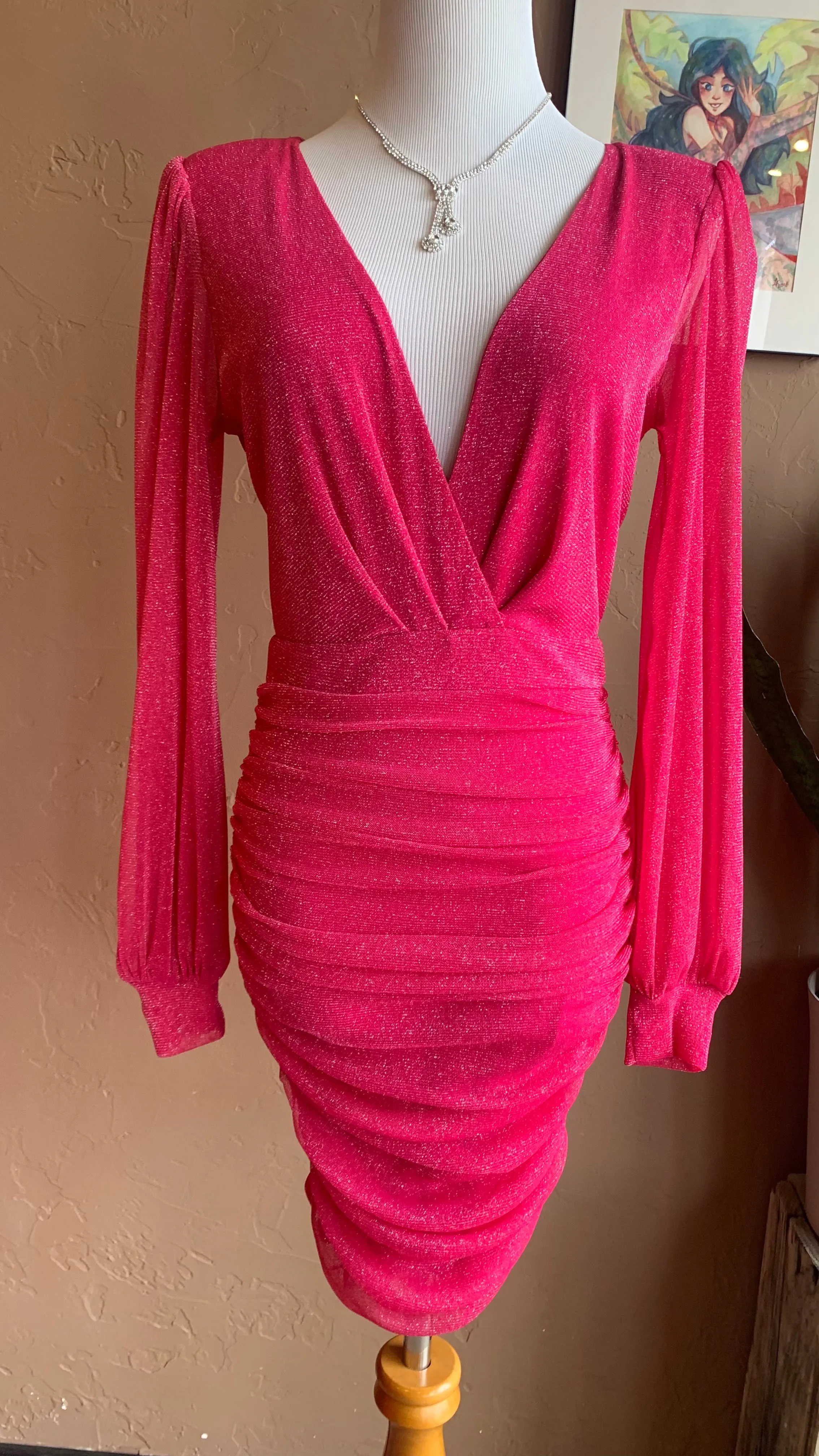 Hot Pink Long Sleeve Shimmer Mini Dress