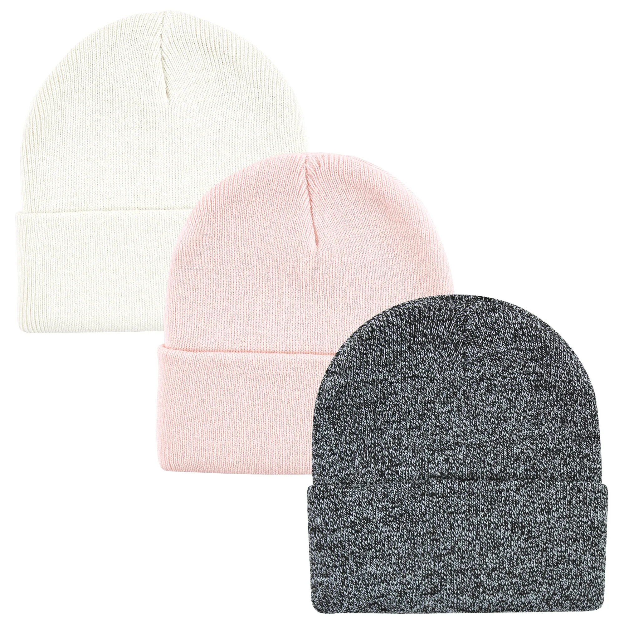 Hudson Baby Knit Cuffed Beanie 3pk, Pink White