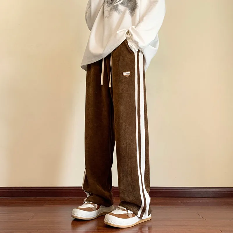 Ilooove Men's Y2K Pants Baggy Striped Sweatpants Brown Corduroy Straight Leg Pants Hip Hop Streetwear Harajuku Trousers Casual Pants Men