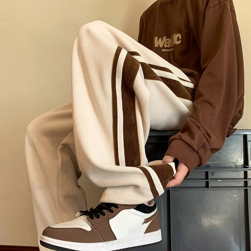 Ilooove Men's Y2K Pants Baggy Striped Sweatpants Brown Corduroy Straight Leg Pants Hip Hop Streetwear Harajuku Trousers Casual Pants Men