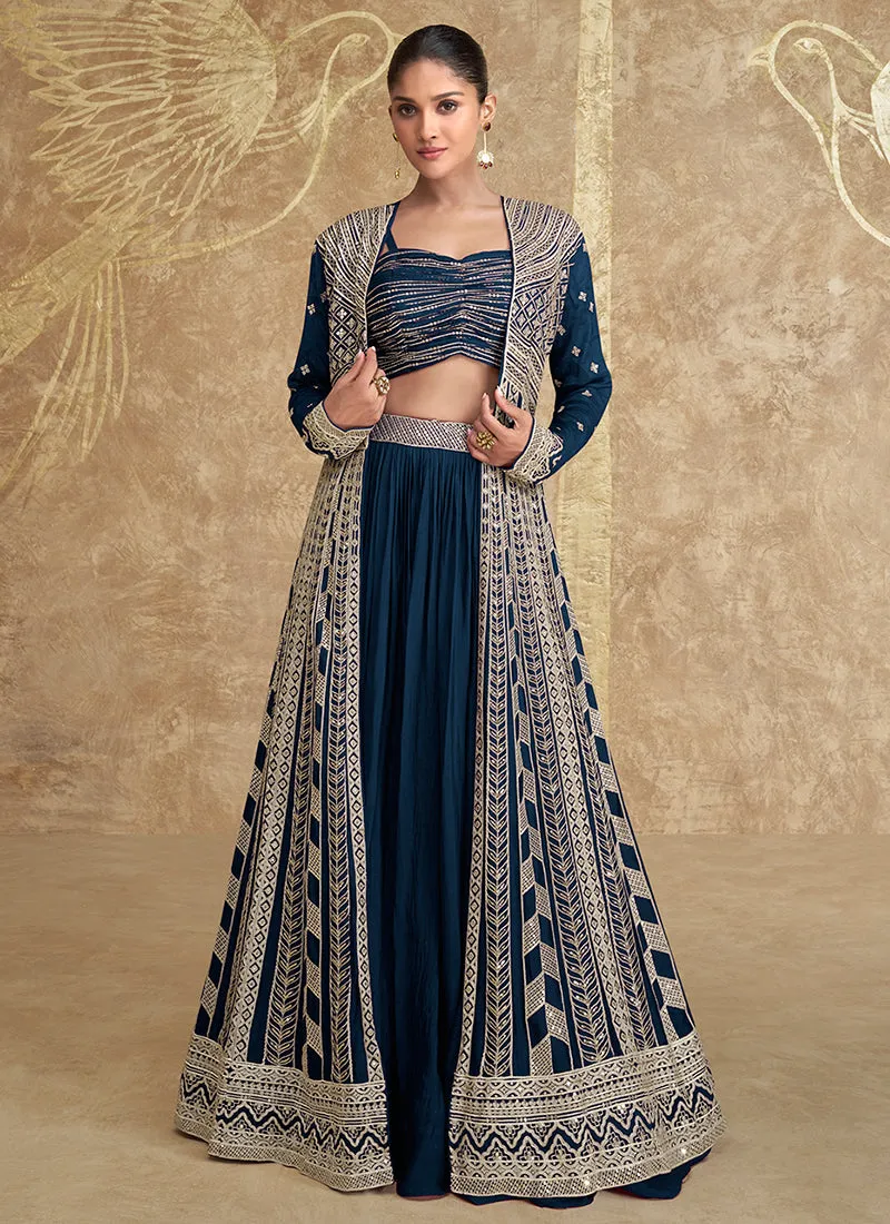 Indigo Blue Embroidery Festive Jacket Style Lehenga