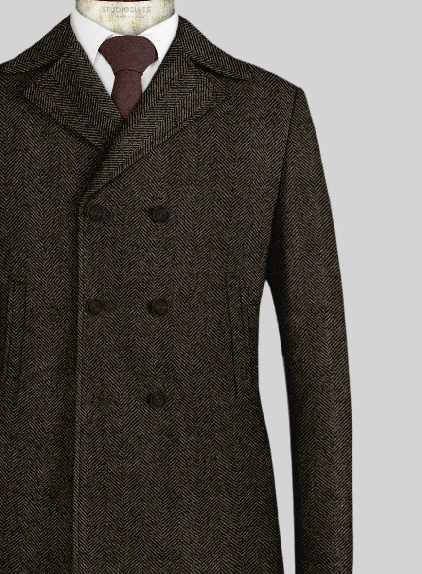 Italian Highlander Army Green Herringbone Tweed Pea Coat